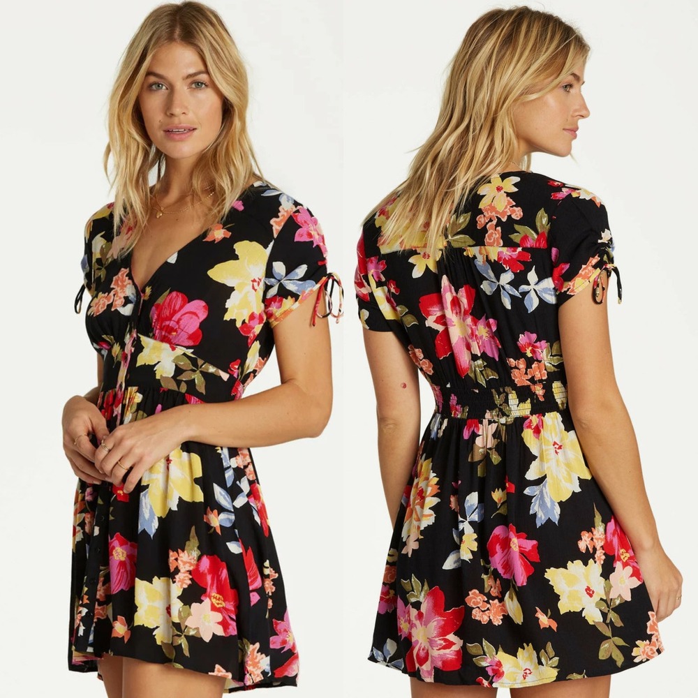 Billabong Twirl Twist Floral Mini Dress Small, Black Multicolor Surf Style boho
